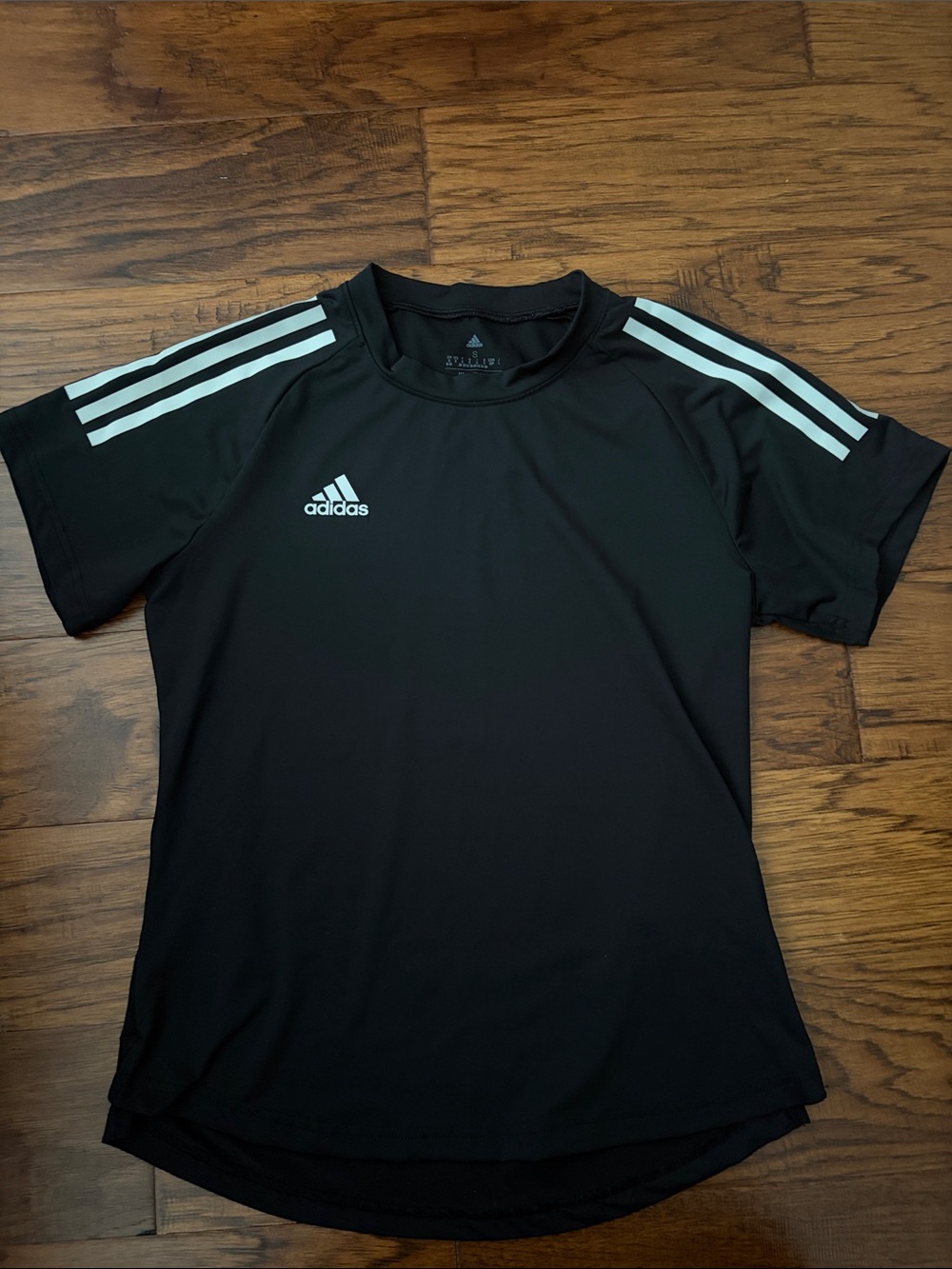 adidas womens Black Athletic Shirt with White Shoulder Stripes